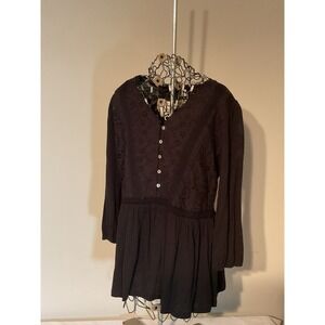 Cato Black Eyelet Embroidered Cotton Babydoll Peplum Top Long‎ Sleeve Womens M